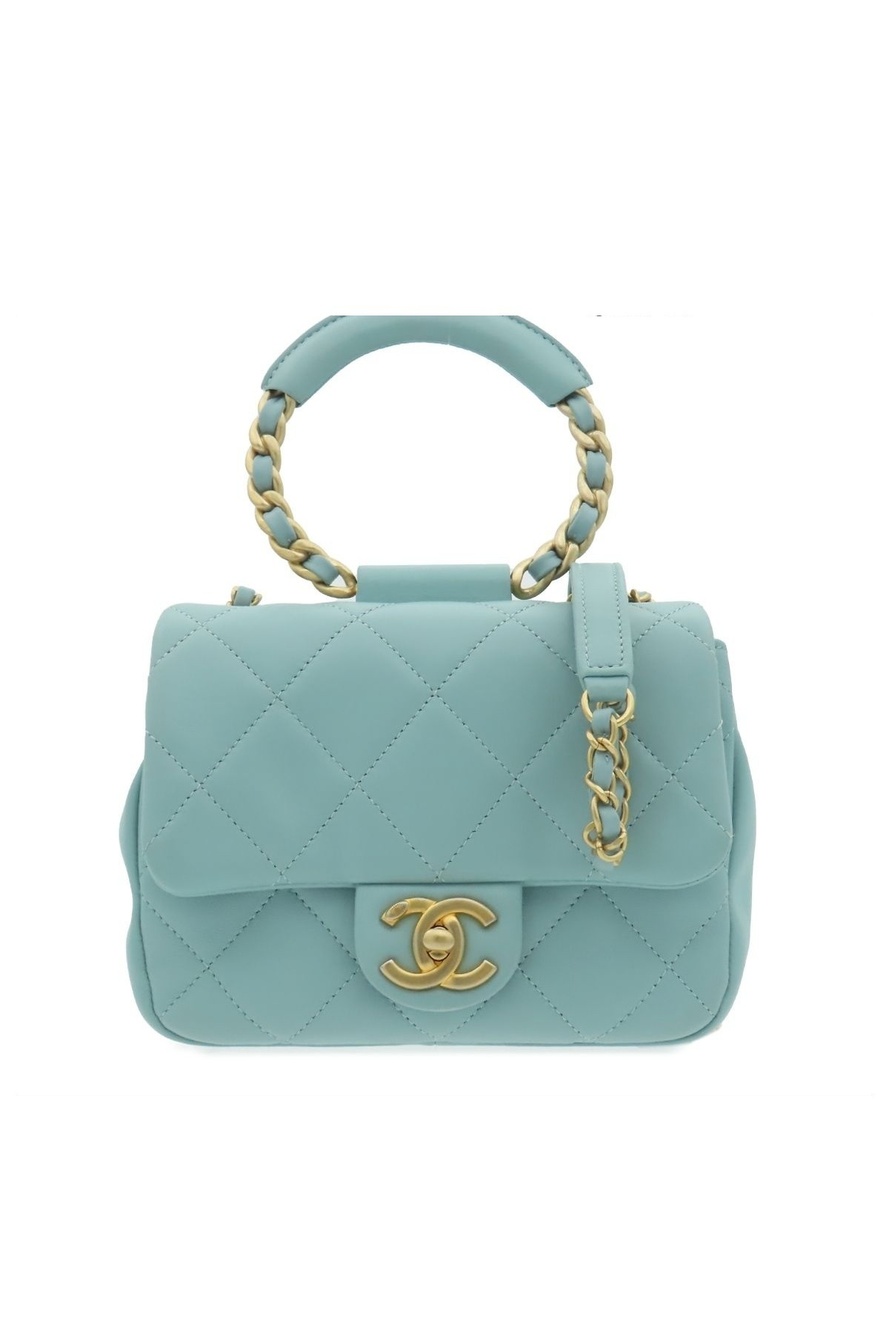 Chanel Shoulder Bag Pastel Blue Gold Lambskin Quilted 2-Way Top Handle Small